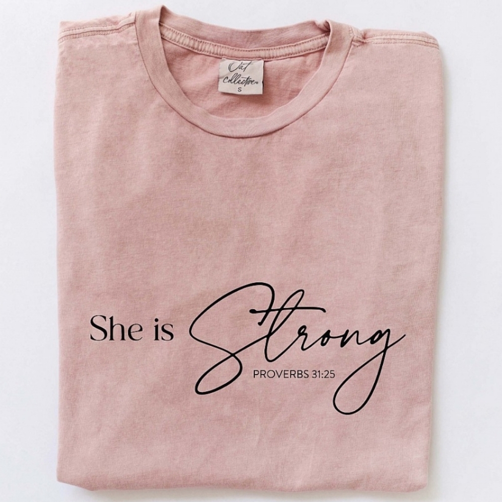 🐧#606 SHE IS STRONG PROVERBS 31:25 Mineral Washed Graphic Top